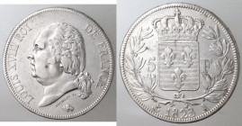 Monete Estere. Francia. Luigi XVIII. 1814-1824. 5 franchi 1823. A. Ag. KM 711.1. Peso gr. 24,85. Diametro mm. 37. BB+. (5621)