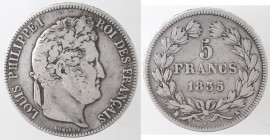 Monete Estere. Francia. Luigi Filippo I. 1830-1848. 5 Franchi 1835 K. Bordeaux. Ag. Km. 749.2. Peso gr. 24,73. qBB. (D.5121)