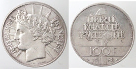 Monete Estere. Francia. 100 Franchi 1988. Ag. KM 966. Peso gr. 15,00. Diametro mm. 31. SPL. (D.5621)