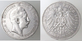 Monete Estere. Germania Prussia. Guglielmo II. 1888-1918. 5 Marchi 1903 A. Ag. KM#523. Peso gr. 27,70. Diametro mm. 39. BB. (5621)