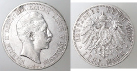 Monete Estere. Germania Prussia. Guglielmo II. 1888-1918. 5 Marchi 1907 A. Ag. KM#523. Peso gr. 27,69. Diametro mm. 39. BB. Colpi. (5621)