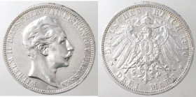 Monete Estere. Germania Prussia. Guglielmo II. 1888-1918. 3 Marchi 1910 A. Ag. Km. 527. Peso gr. 16,69. Diametro mm. 34. qSPL. (5621)