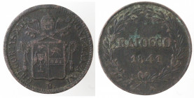 Zecche Italiane. Bologna. Gregorio XVI. 1831-1846. Baiocco 1841, A.XI. Ae. Gig. Peso gr. 9,85. Diametro mm. 30. qBB. (5621)