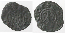 Zecche Italiane. Messina. Enrico VI con il figlio Federico II. 1194-1197. Denaro. Mi. Sp. 32. Peso gr. 0,68. Diametro mm. 15. BB+. R. (5621)
