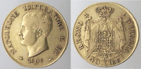 Zecche Italiane. Milano. Napoleone. 1805-1814. 40 lire 1808. Au. Gig. 72 bis. Peso gr. 12,85. Diametro mm. 27. BB+. (5621)