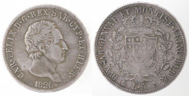 Casa Savoia. Carlo Felice. 1821-1831. 5 lire 1826 Genova. Ag. Gig. 43. Peso gr. 24,73. BB. Colpo nel campo. (D.5221)