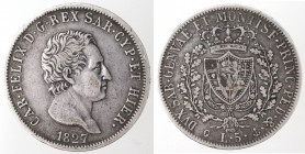 Casa Savoia. Carlo Felice. 1821-1831. 5 lire 1827 Genova. Ag. Gig. 45. Peso gr. 24,80. Diametro mm. 37. BB. C(D.5921)