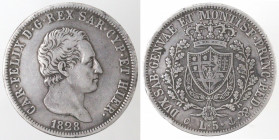 Casa Savoia. Carlo Felice. 1821-1831. 5 lire 1828 Genova. Ag. Gig. 47. Peso gr. 24,72. BB. Colpetti al bordo. (D.5121)