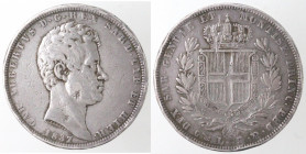 Casa Savoia. Carlo Alberto. 1831-1849. 5 lire 1837 Genova. Ag. Gig. 65. Peso gr. 24,70. MB. Colpi. (D.5221)