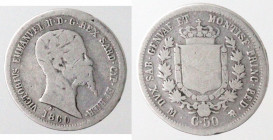 Casa Savoia. Vittorio Emanuele II. 1849-1861. 50 centesimi 1860 Milano. Ag. Gig. 87. Peso 2,32. MB. NC. (D.6221)