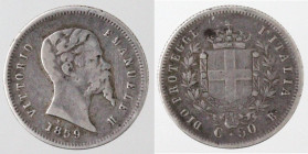 Casa Savoia. Vittorio Emanuele II re eletto. 1859-1861. 50 centesimi 1859 Bologna. Ag. Gig. 14. Peso 2,46. qBB. Graffi nei campi. R. (D.5221)