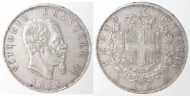 Casa Savoia. Vittorio Emanuele II. 1861-1878. 5 lire 1871 Milano. Ag. Gig. 42. Peso gr. 24,86. qBB. Colpetti al bordo. (6221)