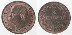 Casa Savoia. Umberto I. 1878-1900. 2 centesimi 1897. Ae. Gig. 55. qFDC. Rame rosso. (D.4021)
