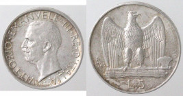 Casa Savoia. Vittorio Emanuele III. 1900-1943. 5 lire 1928, due rosette. Ag. Gig. 75a. Peso gr. 5,00. Diametro mm. 23. SPL+. Patina. Lievi colpetti al...