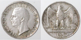Casa Savoia. Vittorio Emanuele III. 1900-1943. 5 lire 1930. Ag. Gig. 77. Peso gr. 5,01. Diametro mm. 23. qFDC. Patina. (6021)