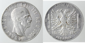 Casa Savoia. Vittorio Emanuele III. Albania. 1939-1943. 10 lek 1939 XVII. Ag. Gig. 1. Peso gr. 10,00. BB. Colpetto al bordo. R. (5921)