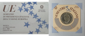 Repubblica Italiana. 5000 Lire. Presidenza Italiana della Comunità Europea 1996. Ag. Gig. 468. qFDC. Confezione della zecca. (DV5621)