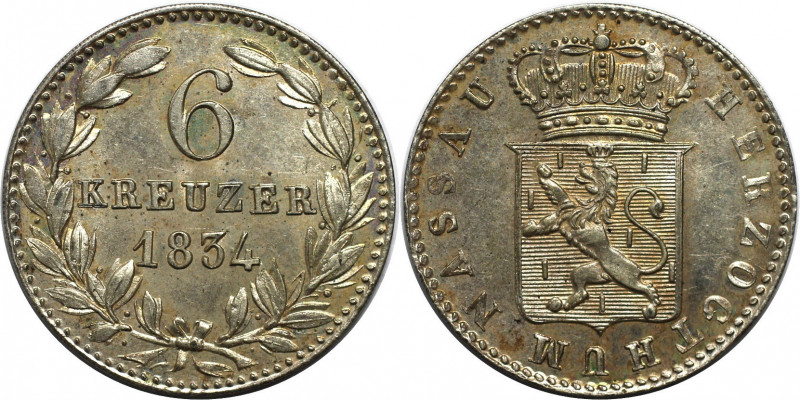 Altdeutsche Münzen und Medaillen, NASSAU. Wilhelm (1816-1839). 6 Kreuzer 1834. B...