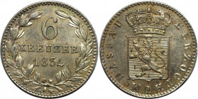 Altdeutsche Münzen und Medaillen, NASSAU. Wilhelm (1816-1839). 6 Kreuzer 1834. Billon. KM 53, AKS 47. Stempelglanz