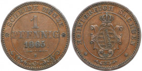 Altdeutsche Münzen und Medaillen, SACHSEN. Johann (1854-1873). Pfennig 1865 B, Kupfer. KM 1216. AKS 155. Vorzüglich