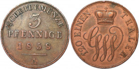 Altdeutsche Münzen und Medaillen, SCHAUMBURG - LIPPE. Georg Wilhelm (1807-1860). 3 Pfennig 1858 A. Kupfer. KM 41. Vorzüglich - Stempelglanz