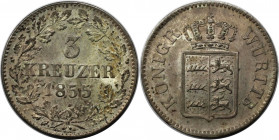 Altdeutsche Münzen und Medaillen, WÜRTTEMBERG. 3 Kreuzer 1855. Billon. KM 591, AKS 106. Fast Stempelglanz