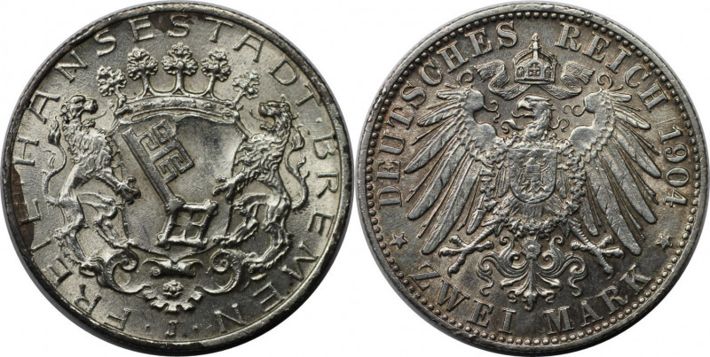Deutsche Münzen und Medaillen ab 1871, REICHSSILBERMÜNZEN, Bremen. 2 Mark 1904 J...