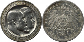 Deutsche Münzen und Medaillen ab 1871, REICHSSILBERMÜNZEN, Württemberg. Wilhelm II. (1888-1918). 3 Mark 1911 F, Silberne Hochzeit von Wilhelm II. und ...