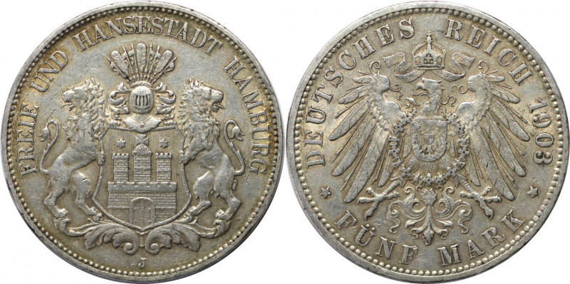 Deutsche Münzen und Medaillen ab 1871, REICHSSILBERMÜNZEN, Hamburg. 5 Mark 1903 ...