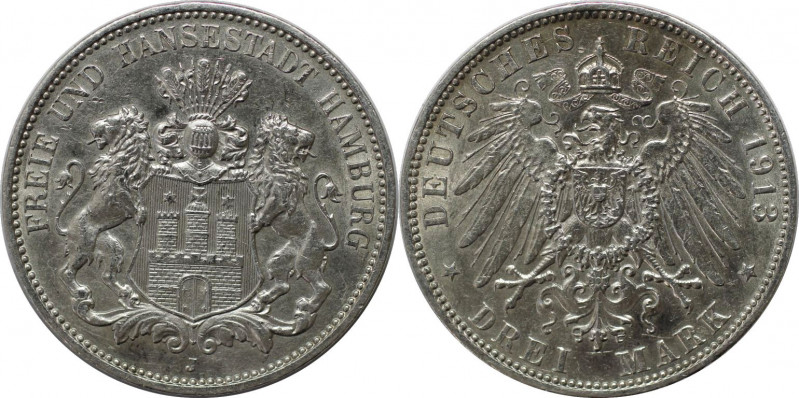 Deutsche Münzen und Medaillen ab 1871, REICHSSILBERMÜNZEN, Hamburg. 3 Mark 1913 ...