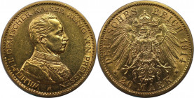 Deutsche Münzen und Medaillen ab 1871, REICHSGOLDMÜNZEN. Preußen. Wilhelm II. (1888-1918). 20 Mark 1914 A. Gold. 7,95 g. Jaeger 253. Fast Stempelglanz...