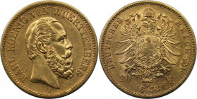 Deutsche Münzen und Medaillen ab 1871, REICHSGOLDMÜNZEN, Wurttemberg. Karl (1864-1891). 20 Mark 1873 F, Stuttgart. Vs.: Kopf nach rechts, darunter Mün...
