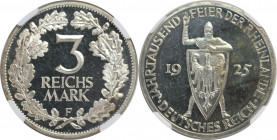 Deutsche Münzen und Medaillen ab 1871, WEIMARER REPUBLIK. 3 Reichsmark 1925 F, 1000-Jahrfeier der Rheinlande. Silber. Jaeger 321. NGC PF 64 Cameo.