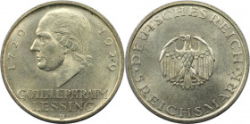 Deutsche Münzen und Medaillen ab 1871, WEIMARER REPUBLIK. Gotthold Ephraim Lessing. 5 Reichsmark 1929 D. Silber. Jaeger 336. Vorzüglich-Stempelglanz