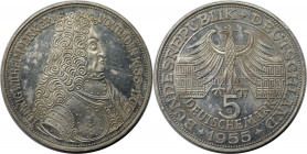 Deutsche Münzen und Medaillen ab 1945, BUNDESREPUBLIK DEUTSCHLAND. Markgraf von Baden. 5 Mark 1955 G. Silber. Jaeger 390. Vorzüglich-Stempelglanz
