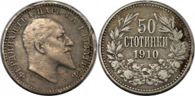 Europäische Münzen und Medaillen, Bulgarien / Bulgaria. Ferdinand I. 50 Stotinki 1910, Silber. KM 27. Sehr schön