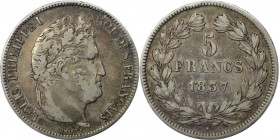 Europäische Münzen und Medaillen, Frankreich / France. Louis Philippe (1830-1848). 5 Francs 1837 W, Silber. KM 749.13. Sehr schön