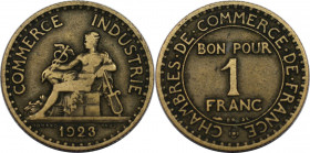Europäische Münzen und Medaillen, Frankreich / France. 1 Franc 1923. Aluminium-Bronze. KM 876. Schön-sehr schön