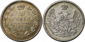Russische Münzen und Medaillen, Alexander II (1854-1881). 10 Kopeken 1857 SPB FB, Silber. Bitkin 64. Vorzüglich