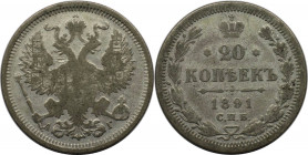 Russische Münzen und Medaillen, Alexander III. (1881-1894). 20 Kopeken 1891 SPB-AG, Silber. Bitkin 110. Schön-sehr schön