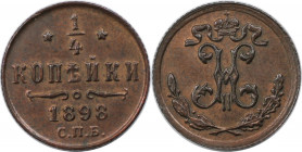 Russische Münzen und Medaillen, Nikolaus II (1894-1918). 1/4 Kopeke 1898 SPB, Kupfer. Bitkin 297. Stempelglanz