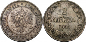 Russische Münzen und Medaillen, Nikolaus II. (1894-1918), für Finnland. 2 Markkaa 1906 L. Silber. Bitkin 396. Fast Vorzüglich, feine Patina