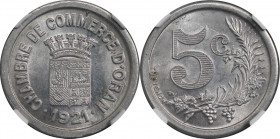 Weltmünzen und Medaillen, Algerien / Algeria. 5 Centimes 1921. Chambre de Commerce d'Oran. Aluminium. KM TnE1. NGC MS 65