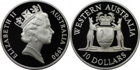Weltmünzen und Medaillen, Australien / Australia. "Western Australia". 10 Dollars 1990. 20,0 g. 0.925 Silber. 0.59 OZ. KM 137. Polierte Platte