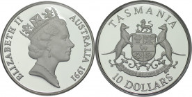 Weltmünzen und Medaillen, Australien / Australia. "Tasmania". 10 Dollars 1991. 20,0 g. 0.925 Silber. 0.59 OZ. KM 153. Polierte Platte