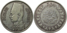 Weltmünzen und Medaillen, Ägypten / Egypt. Farouk. 10 Piastres 1937. Silber. KM 367. Fast Vorzüglich