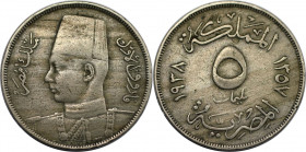 Weltmünzen und Medaillen, Ägypten / Egypt. Farouk. 5 Milliemes 1938. Kupfer-Nickel. KM 363. Fast Vorzüglich