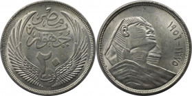 Weltmünzen und Medaillen, Ägypten / Egypt. Sphinx. 20 Piastres 1956. 14,0 g. 0.720 Silber. 0.32 OZ. KM 384. Fast Stempelglanz. Kratzer