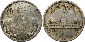 Weltmünzen und Medaillen, Ägypten / Egypt. Suezkanalverstaatlichung. 25 Piastres 1956 (AH 1375). Silber. KM 385. Fast Stempelglanz