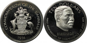 Weltmünzen und Medaillen, Bahamas. Erster Jahrestag der Unabhänigkeit - Sir Milo B. Butler. 10 Dollars 1974. 50,42 g. 0.925 Silber. 1.5 OZ. KM 68a. Po...